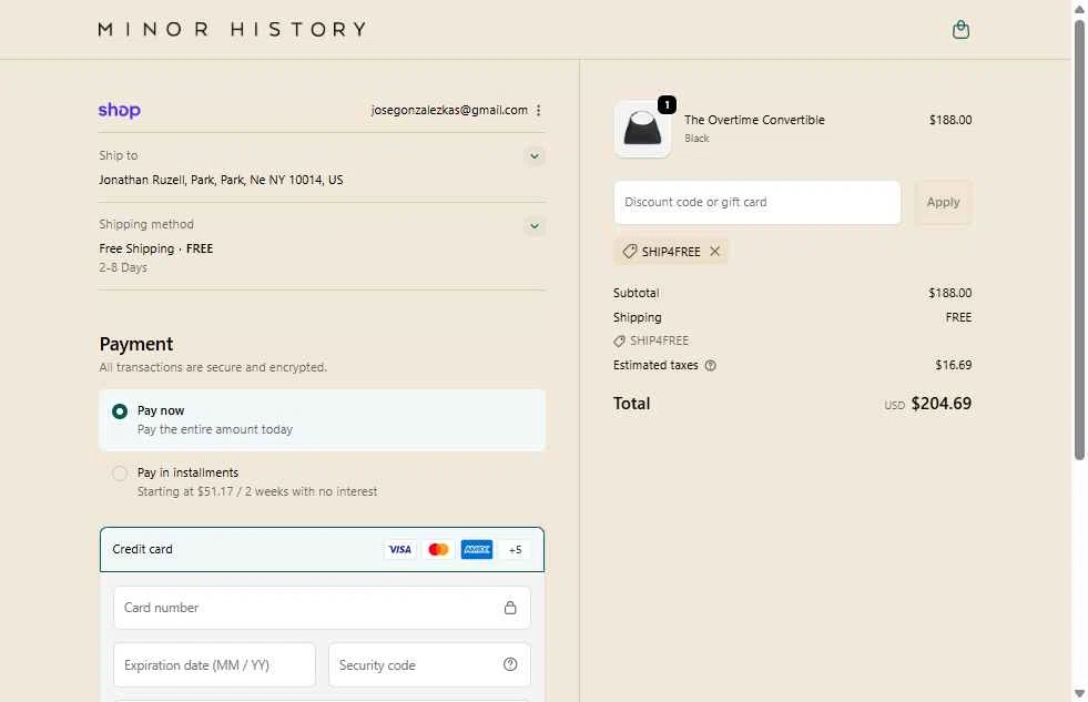 Minor History checkout page showing Minor History promo code box | Screenshot taken by SimplyCodes community member on Nov 15, 2025