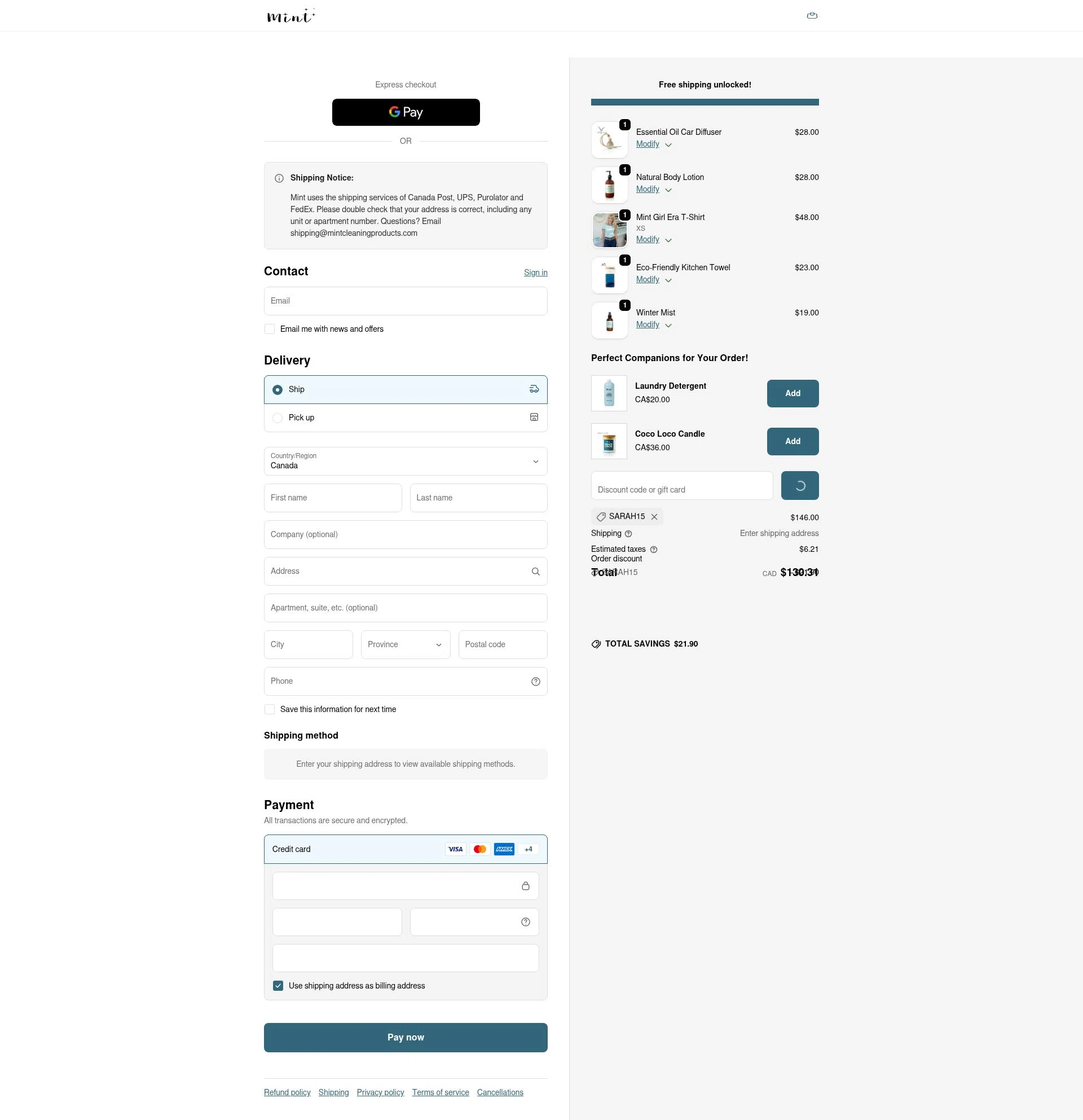 Mint Cleaning checkout page showing Mint Cleaning discount code box | Screenshot taken by SimplyCodes community member on Feb 7, 2026