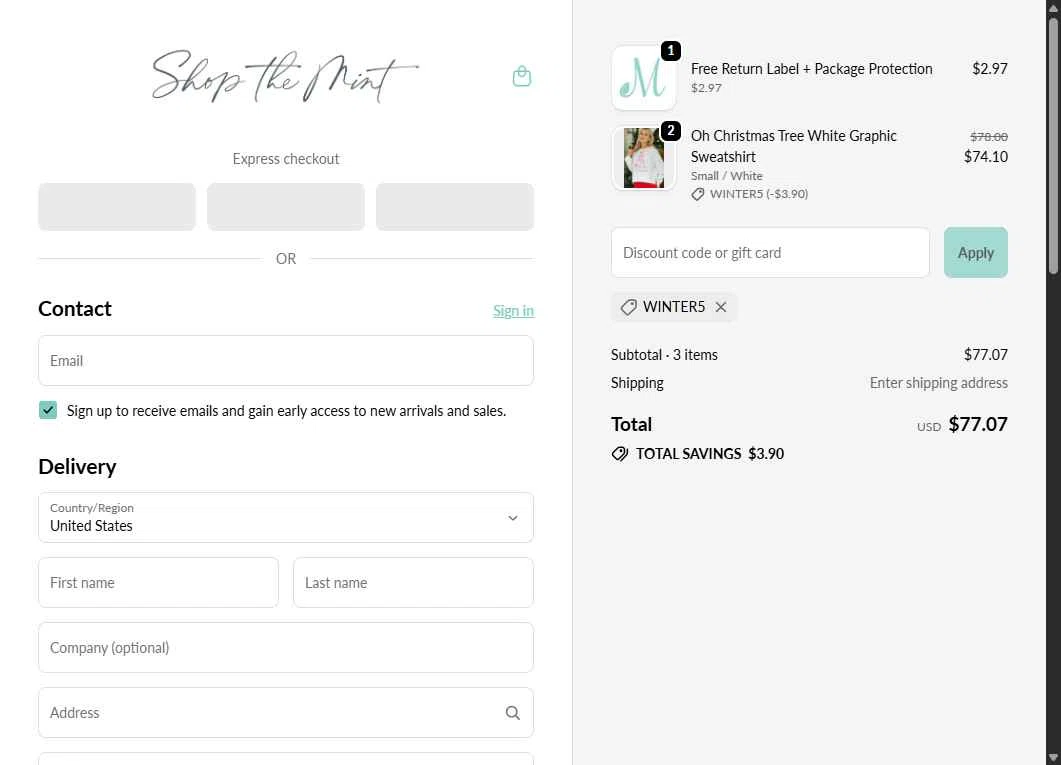 Mint Julep Boutique checkout page showing Mint Julep Boutique coupon code box | Screenshot taken by SimplyCodes community member on Dec 28, 2025