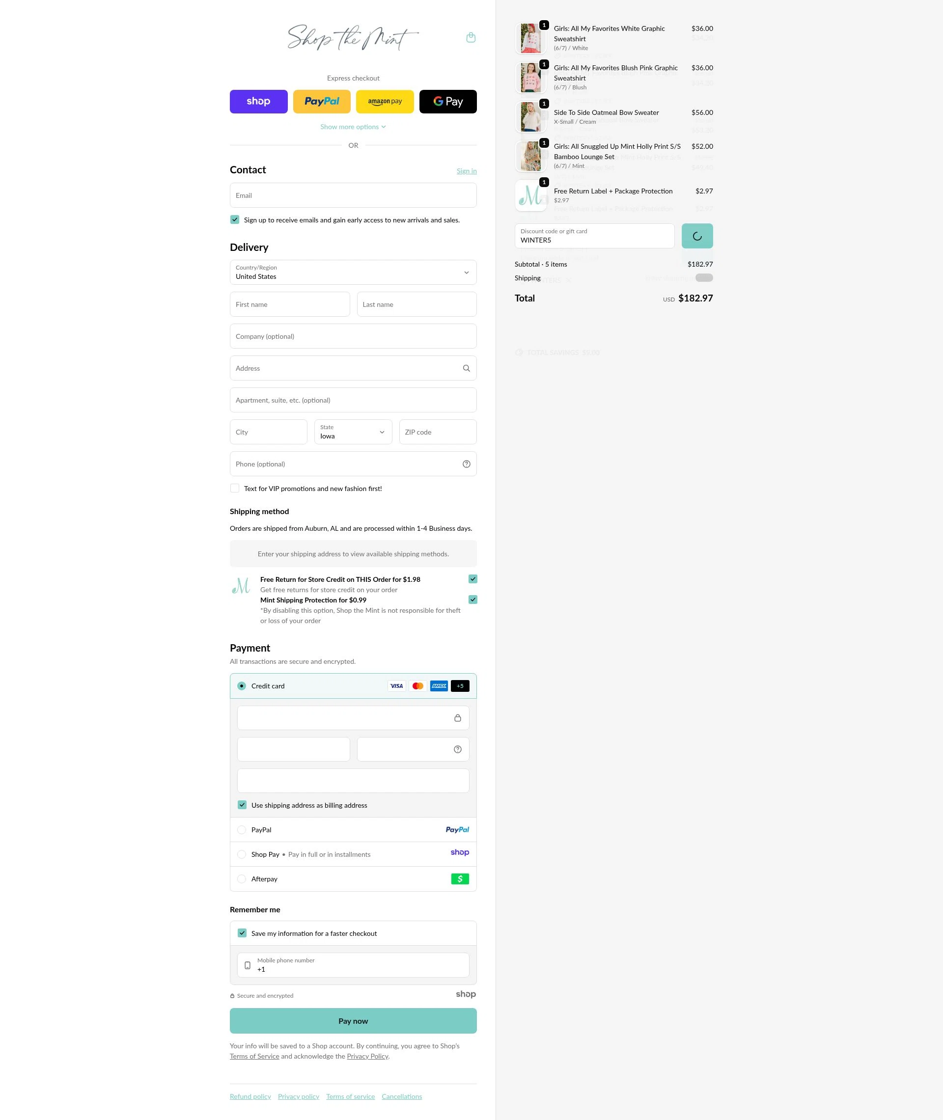 Mint Julep Boutique checkout page showing Mint Julep Boutique coupon code box | Screenshot taken by SimplyCodes community member on Dec 17, 2025