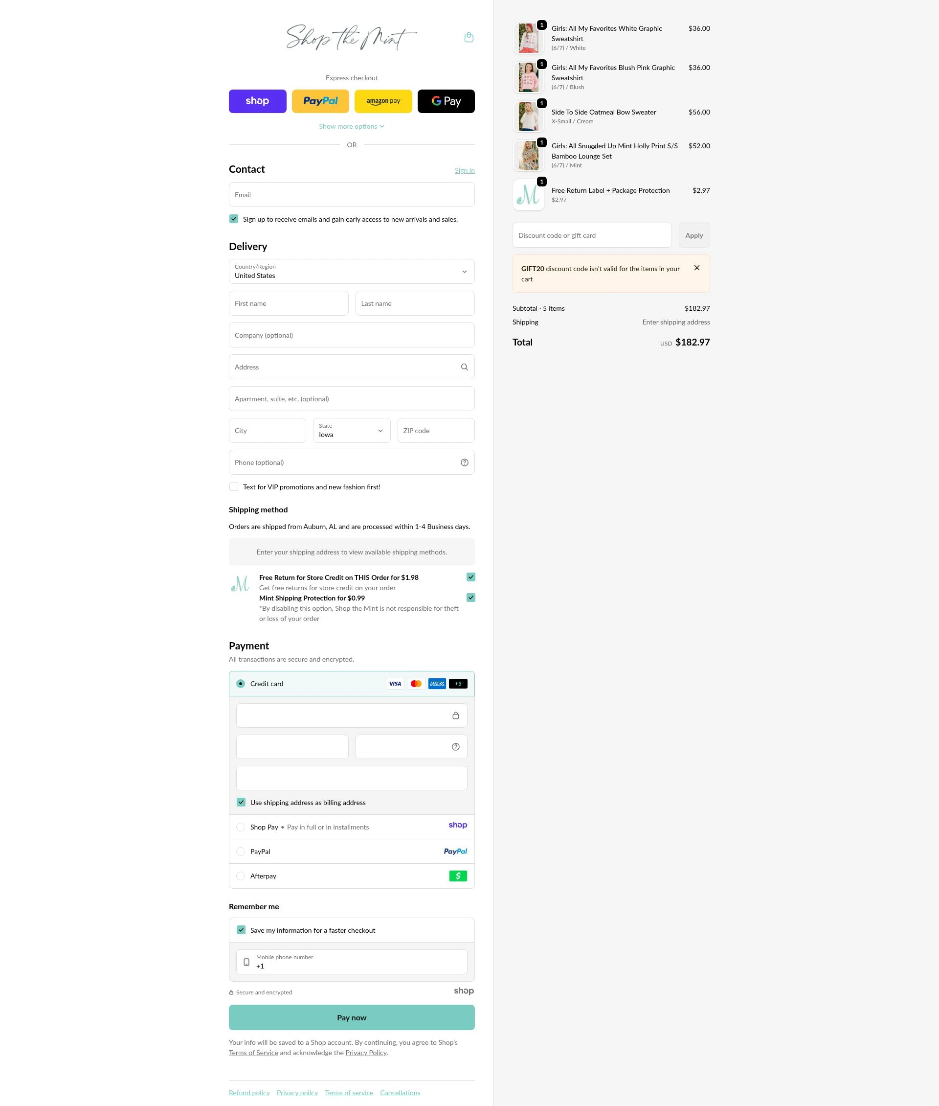 Mint Julep Boutique checkout page showing Mint Julep Boutique coupon code box | Screenshot taken by SimplyCodes community member on Dec 24, 2025