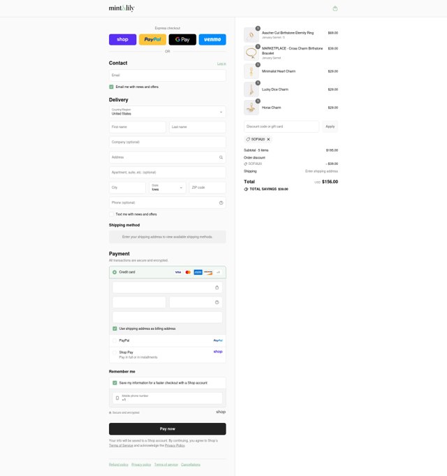 Mint & Lily checkout page showing Mint & Lily coupon code box | Screenshot taken by SimplyCodes community member on Sep 2, 2025
