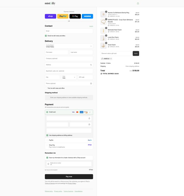 Mint & Lily checkout page showing Mint & Lily coupon code box | Screenshot taken by SimplyCodes community member on Sep 2, 2025
