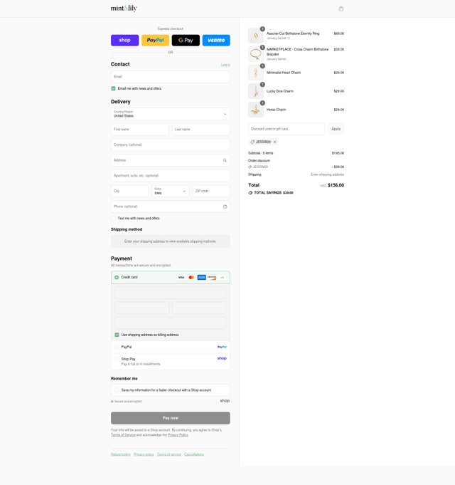 Mint & Lily checkout page showing Mint & Lily coupon code box | Screenshot taken by SimplyCodes community member on Sep 2, 2025