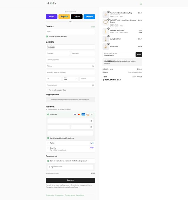 Mint & Lily checkout page showing Mint & Lily coupon code box | Screenshot taken by SimplyCodes community member on Sep 2, 2025