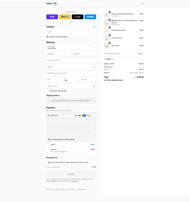 Mint & Lily checkout page showing Mint & Lily coupon code box | Screenshot taken by SimplyCodes community member on Sep 2, 2025