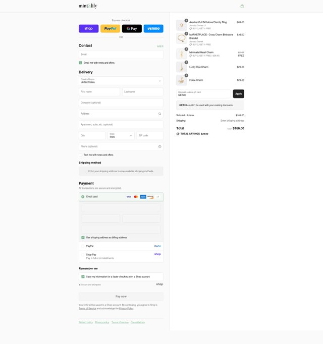 Mint & Lily checkout page showing Mint & Lily coupon code box | Screenshot taken by SimplyCodes community member on Sep 2, 2025