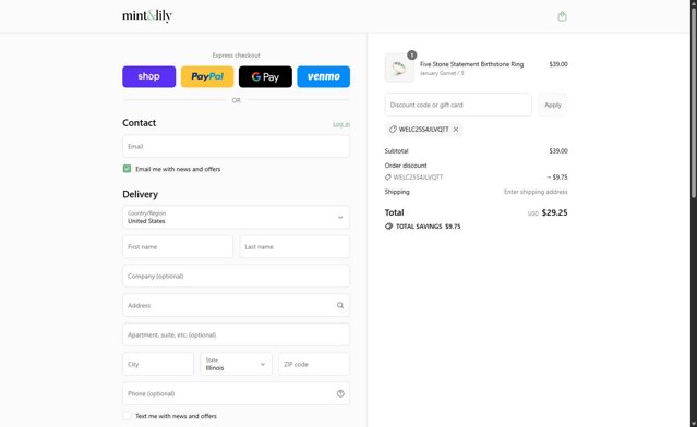 Mint & Lily checkout page showing Mint & Lily coupon code box | Screenshot taken by SimplyCodes community member on Sep 5, 2025