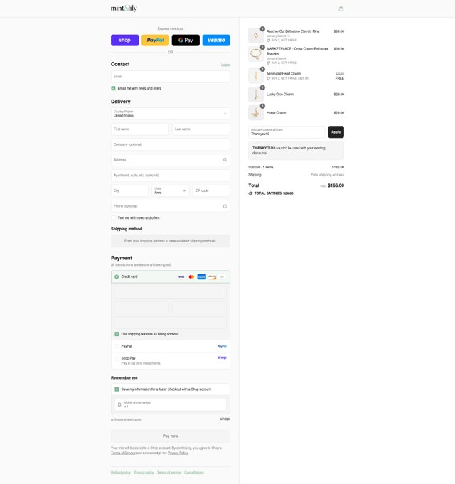 Mint & Lily checkout page showing Mint & Lily coupon code box | Screenshot taken by SimplyCodes community member on Sep 2, 2025