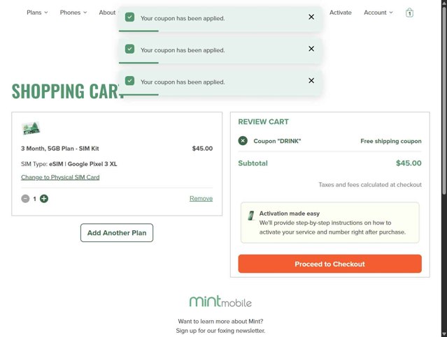Mint Mobile checkout page showing Mint Mobile promo code box | Screenshot taken by SimplyCodes community member on Aug 22, 2025