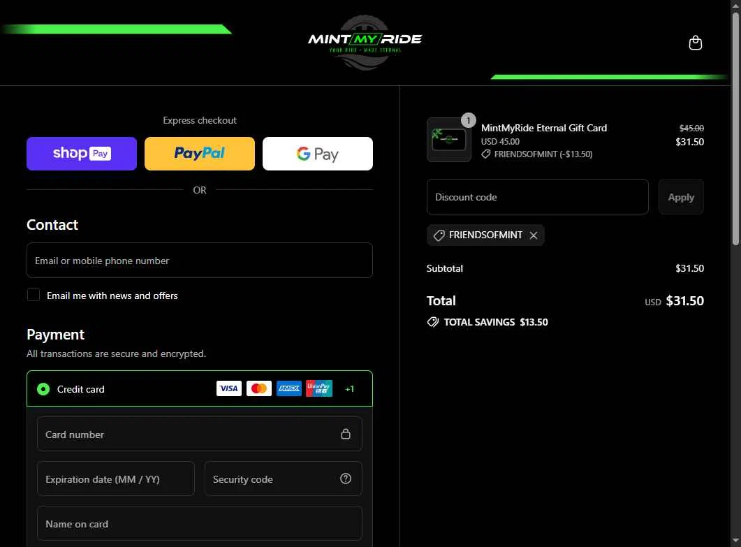 MintMyRide checkout page showing MintMyRide promo code box | Screenshot taken by SimplyCodes community member on Jul 18, 2025