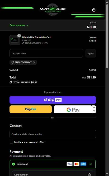 MintMyRide checkout page showing MintMyRide promo code box | Screenshot taken by SimplyCodes community member on Jul 18, 2025
