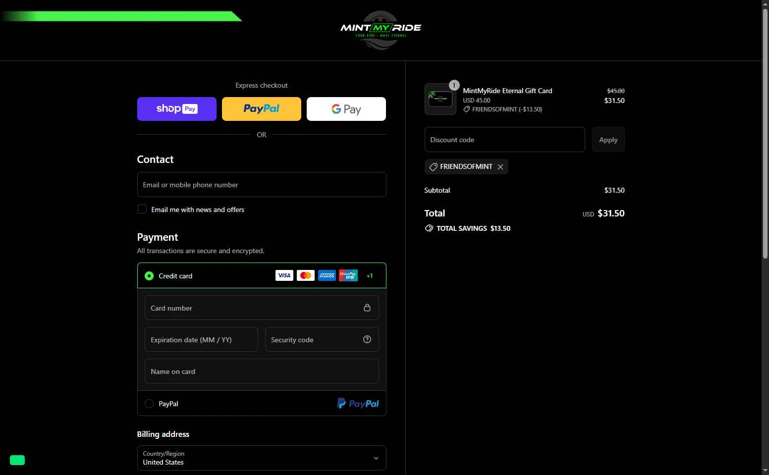 MintMyRide checkout page showing MintMyRide promo code box | Screenshot taken by SimplyCodes community member on Jul 18, 2025