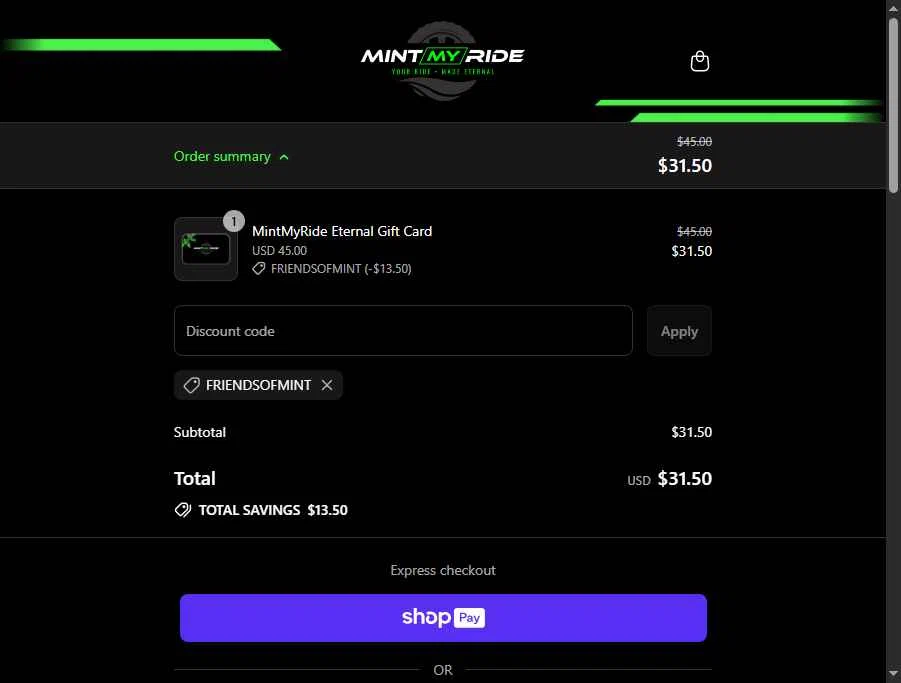 MintMyRide checkout page showing MintMyRide promo code box | Screenshot taken by SimplyCodes community member on Jul 18, 2025