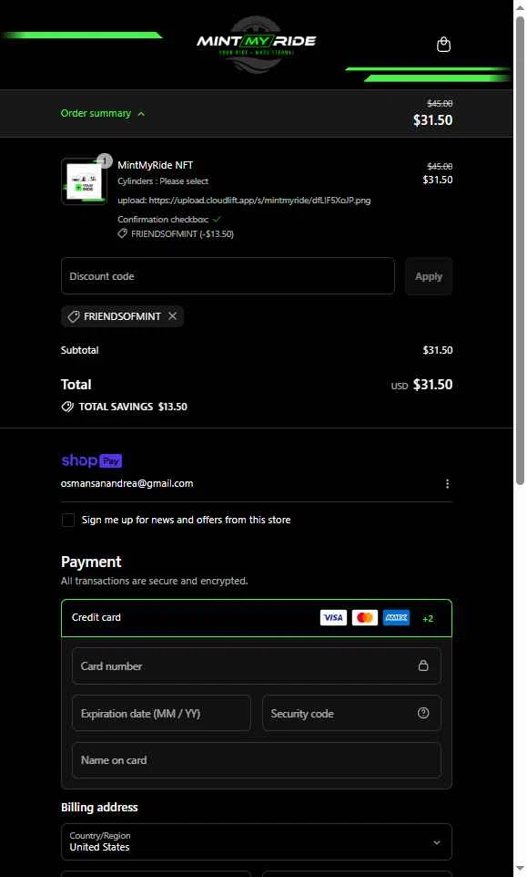 MintMyRide checkout page showing MintMyRide promo code box | Screenshot taken by SimplyCodes community member on Jul 18, 2025