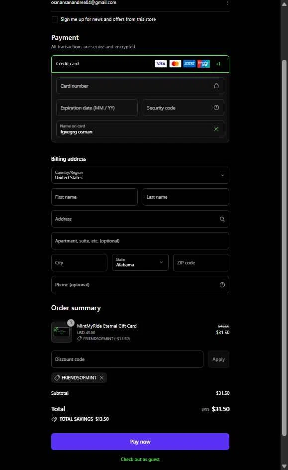 MintMyRide checkout page showing MintMyRide promo code box | Screenshot taken by SimplyCodes community member on Jul 18, 2025
