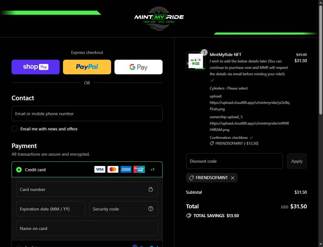 MintMyRide checkout page showing MintMyRide promo code box | Screenshot taken by SimplyCodes community member on Jul 18, 2025