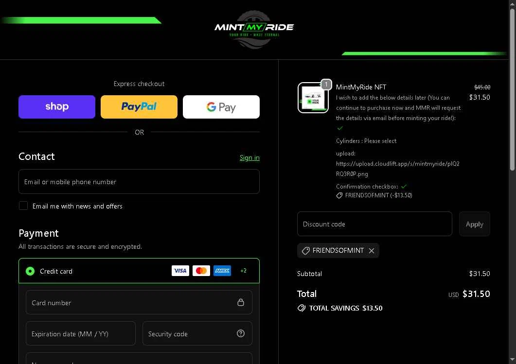MintMyRide checkout page showing MintMyRide promo code box | Screenshot taken by SimplyCodes community member on Feb 3, 2026