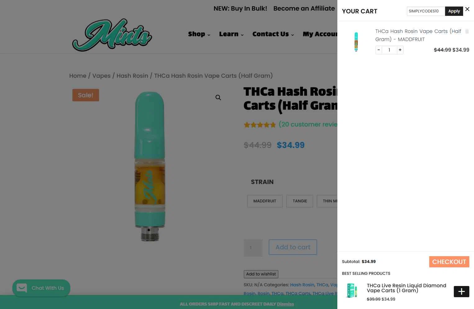 Mints Market checkout page showing Mints Market coupon code box | Screenshot taken by SimplyCodes community member on Jan 18, 2026