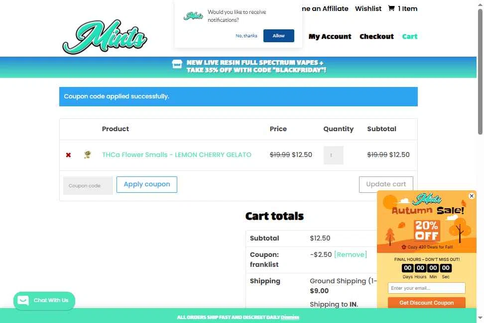 Mints Market checkout page showing Mints Market coupon code box | Screenshot taken by SimplyCodes community member on Nov 25, 2025