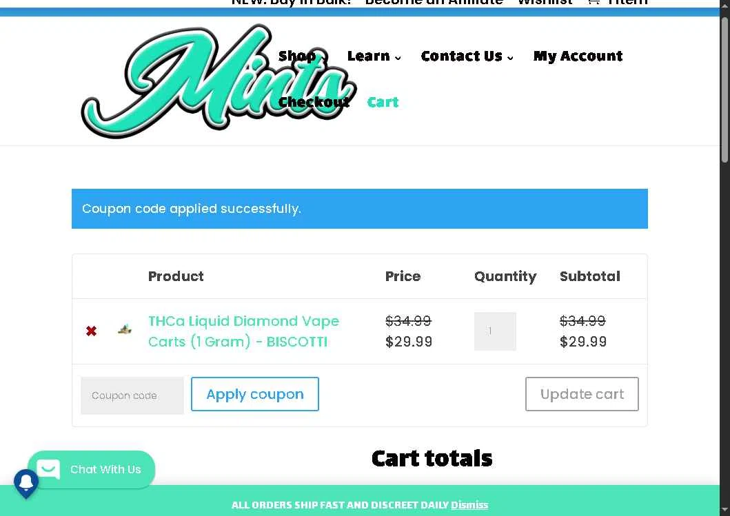 Mints Market checkout page showing Mints Market coupon code box | Screenshot taken by SimplyCodes community member on Jan 31, 2026