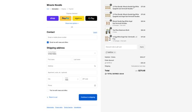 Miracle Noodle checkout page showing Miracle Noodle promo code box | Screenshot taken by SimplyCodes community member on Sep 6, 2025
