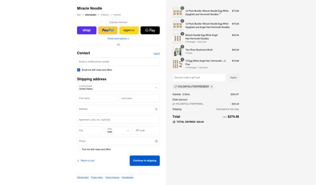 Miracle Noodle checkout page showing Miracle Noodle promo code box | Screenshot taken by SimplyCodes community member on Sep 6, 2025