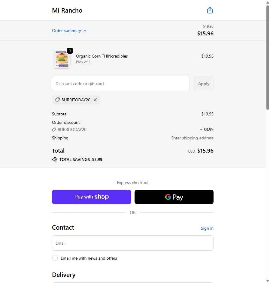 Mi Rancho checkout page showing Mi Rancho promo code box | Screenshot taken by SimplyCodes community member on Jan 7, 2026