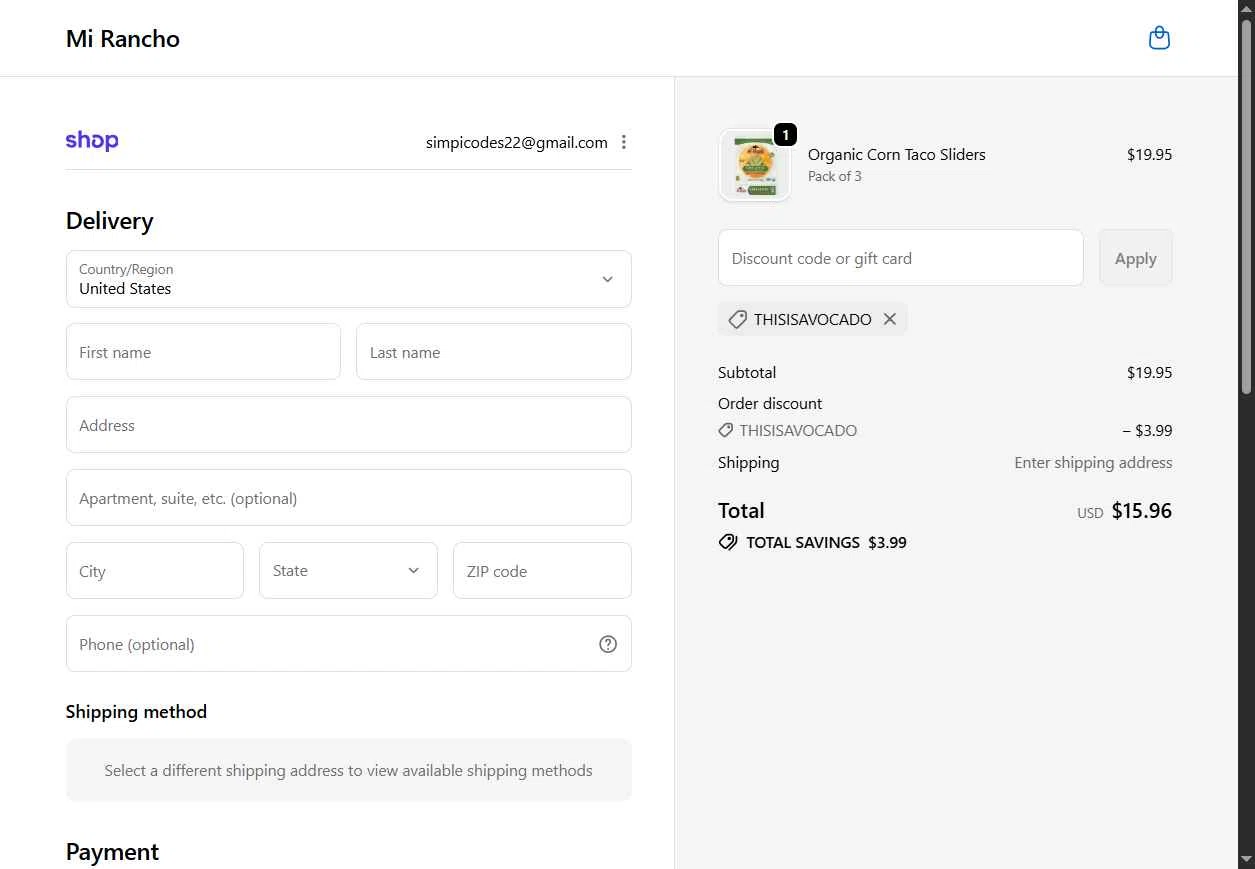 Mi Rancho checkout page showing Mi Rancho promo code box | Screenshot taken by SimplyCodes community member on Jan 7, 2026