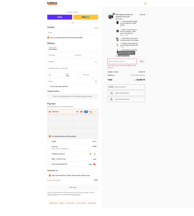 MIRA Safety checkout page showing MIRA Safety discount code box | Screenshot taken by SimplyCodes community member on Sep 5, 2025