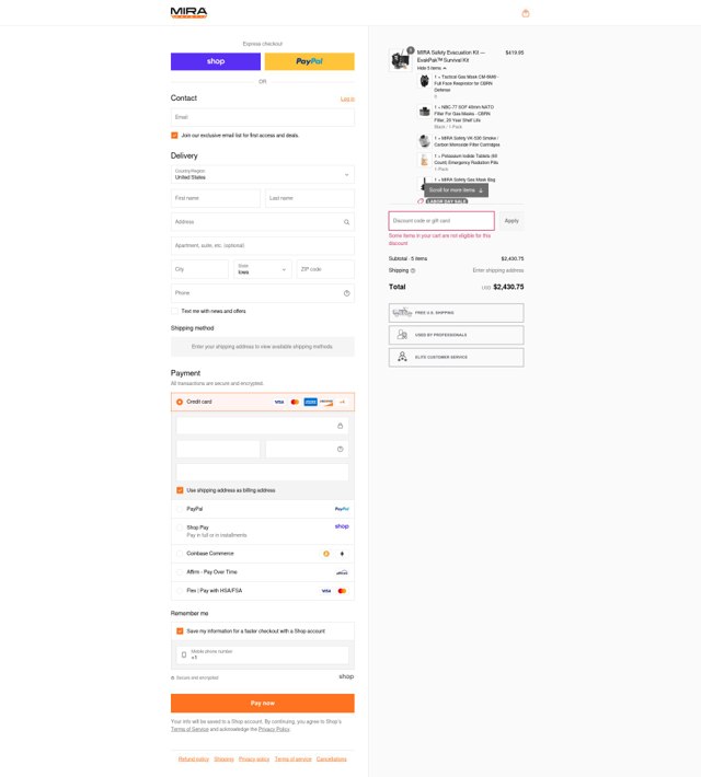 MIRA Safety checkout page showing MIRA Safety discount code box | Screenshot taken by SimplyCodes community member on Sep 5, 2025