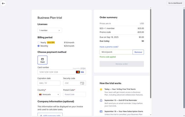 Miro checkout page showing Miro promo code box | Screenshot taken by SimplyCodes community member on Sep 4, 2025