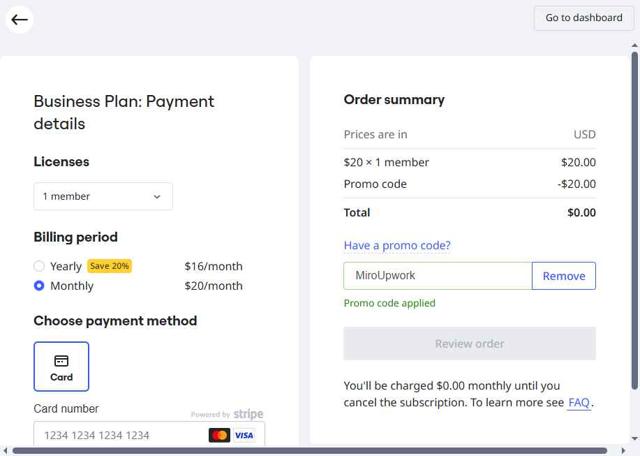 Miro checkout page showing Miro promo code box | Screenshot taken by SimplyCodes community member on Sep 5, 2025