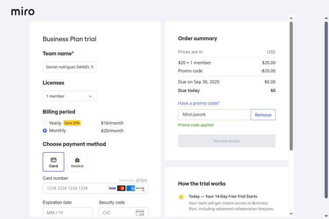 Miro checkout page showing Miro promo code box | Screenshot taken by SimplyCodes community member on Sep 16, 2025
