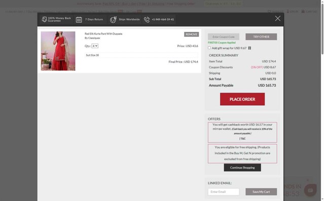 Mirraw checkout page showing Mirraw coupon code box | Screenshot taken by SimplyCodes community member on Jul 11, 2025
