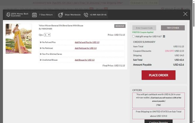 Mirraw checkout page showing Mirraw coupon code box | Screenshot taken by SimplyCodes community member on Jul 11, 2025