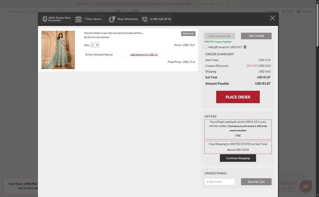Mirraw checkout page showing Mirraw coupon code box | Screenshot taken by SimplyCodes community member on Jul 11, 2025
