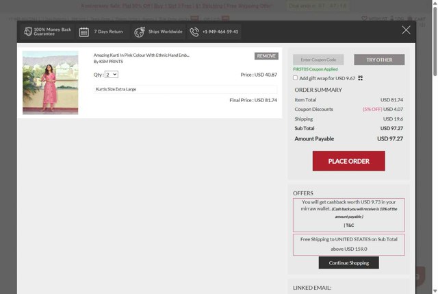 Mirraw checkout page showing Mirraw coupon code box | Screenshot taken by SimplyCodes community member on Jul 11, 2025
