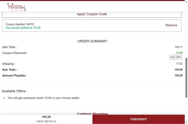 Mirraw checkout page showing Mirraw coupon code box | Screenshot taken by SimplyCodes community member on Jun 24, 2025