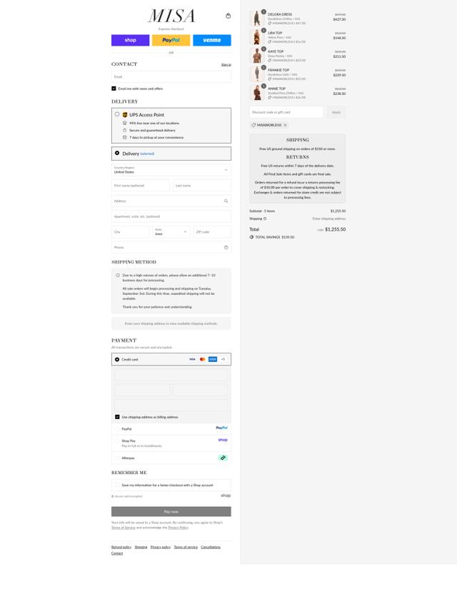 Misa Los Angeles checkout page showing Misa Los Angeles promo code box | Screenshot taken by SimplyCodes community member on Sep 12, 2025