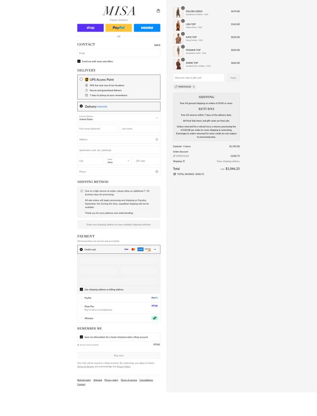 Misa Los Angeles checkout page showing Misa Los Angeles promo code box | Screenshot taken by SimplyCodes community member on Sep 8, 2025