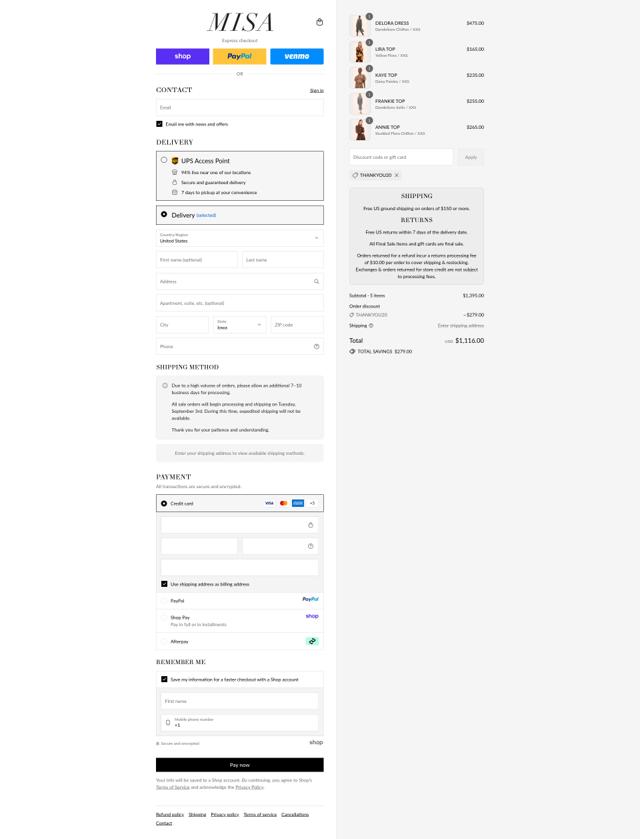 Misa Los Angeles checkout page showing Misa Los Angeles promo code box | Screenshot taken by SimplyCodes community member on Sep 12, 2025
