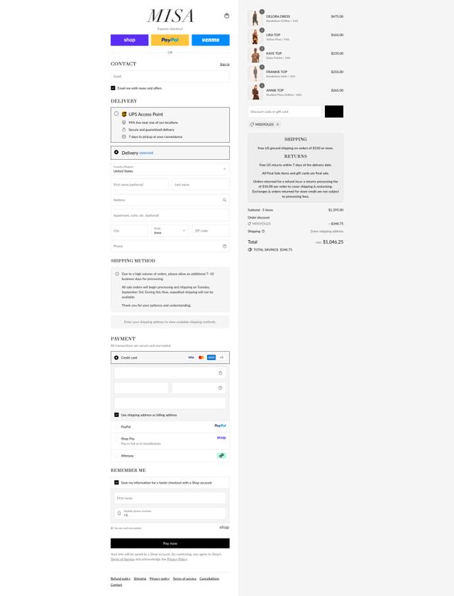 Misa Los Angeles checkout page showing Misa Los Angeles promo code box | Screenshot taken by SimplyCodes community member on Sep 12, 2025