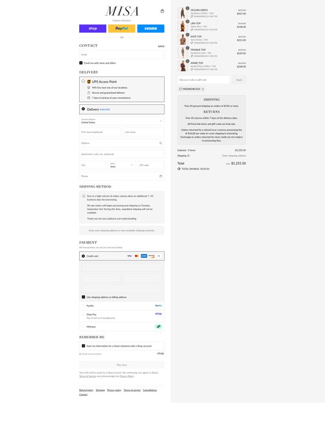 Misa Los Angeles checkout page showing Misa Los Angeles promo code box | Screenshot taken by SimplyCodes community member on Sep 8, 2025