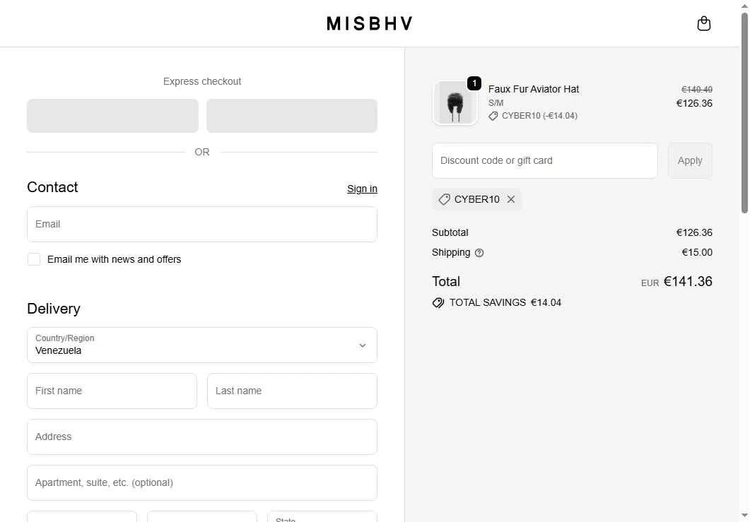 MISBHV checkout page showing MISBHV promo code box | Screenshot taken by SimplyCodes community member on Nov 30, 2025