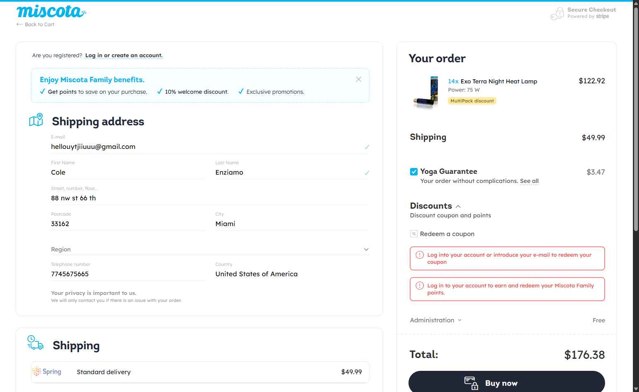 Miscota checkout page showing Miscota promo code box | Screenshot taken by SimplyCodes community member on Jul 25, 2025