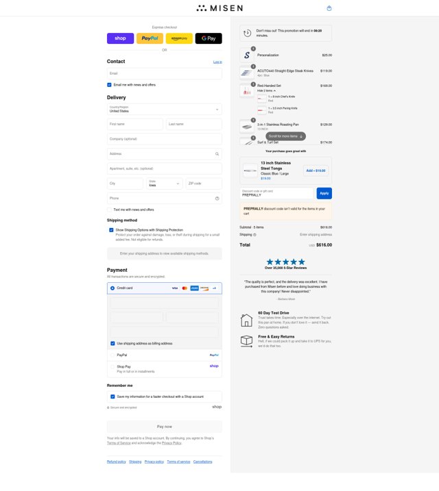 Misen checkout page showing Misen discount code box | Screenshot taken by SimplyCodes community member on Sep 6, 2025