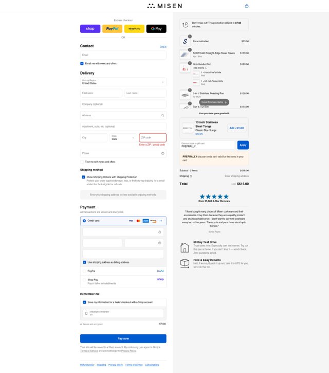 Misen checkout page showing Misen discount code box | Screenshot taken by SimplyCodes community member on Sep 1, 2025