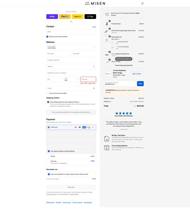 Misen checkout page showing Misen discount code box | Screenshot taken by SimplyCodes community member on Sep 1, 2025