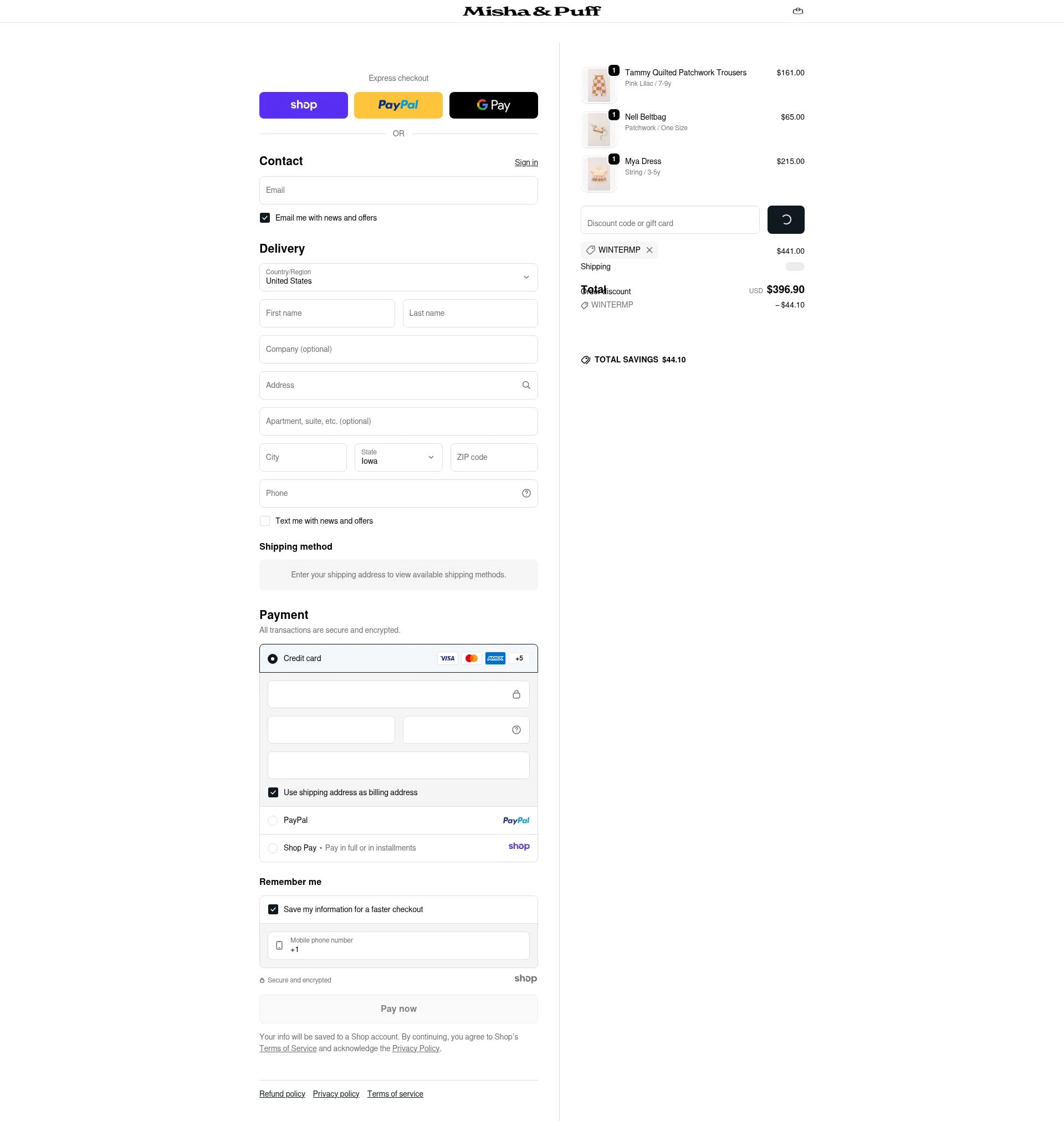 Misha & Puff checkout page showing Misha & Puff promo code box | Screenshot taken by SimplyCodes community member on Jan 2, 2026